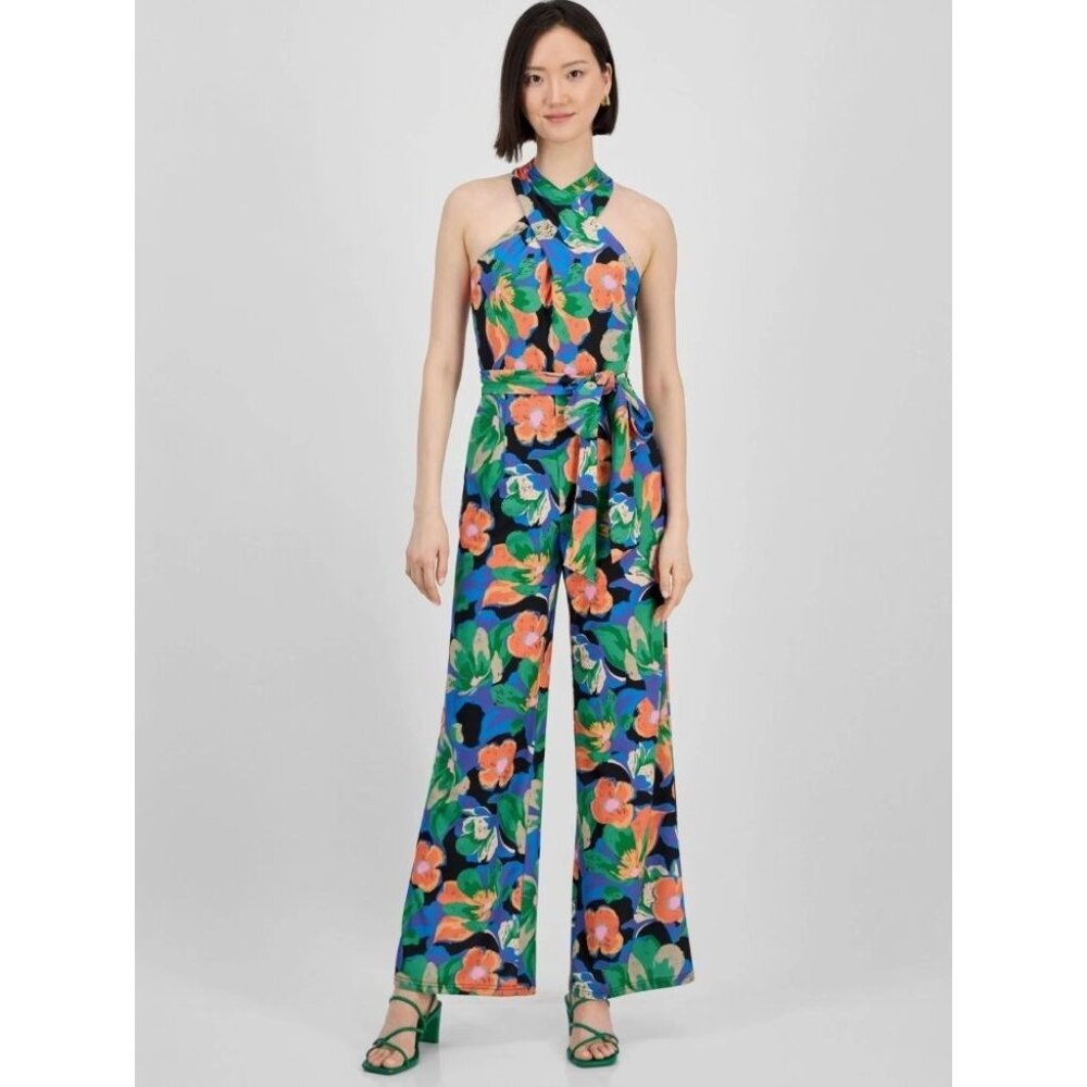Tahari Print Twist Neck Tie Waist Wide Leg Jumpsuit 4P New With Tags